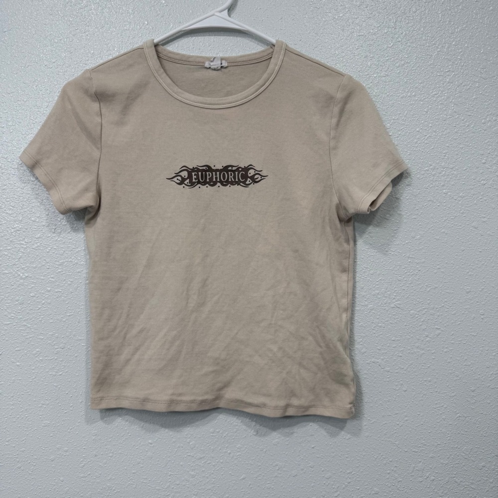 Garage Womens Euphoric Graphic Tee Tan Beige Tribal Flame Y2K Top Size Medium